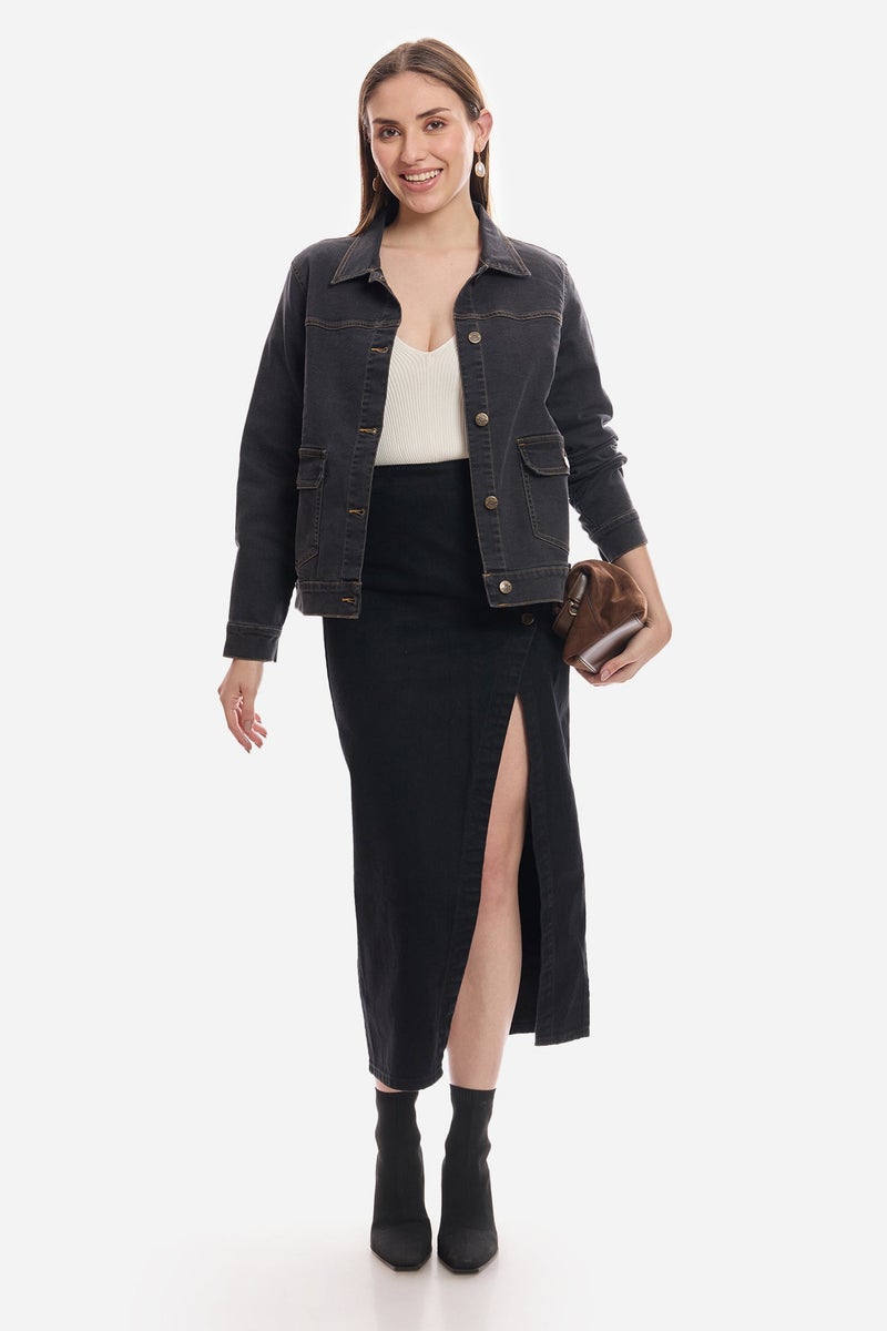 Virgio Solid Cotton Denim Trucker Jacket for Women - Image 2