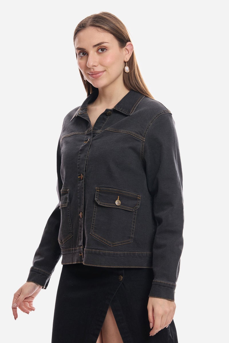 Virgio Solid Cotton Denim Trucker Jacket for Women - Image 3