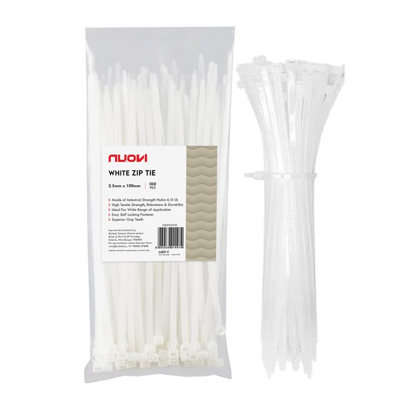 NUOVI White Zip Ties 100mm X 2.5mm | Heat Resistant Cable with Self-Locking Mechanism | Self-Lock, Antislip Cable Organizer | For Indoor & Outdoor Use (Set of 100) - Image 1
