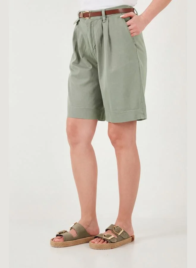 Lela  Lela Cotton Loose Fit Pleated Belted Bermuda Shorts Women's Shorts 668YP5439 for Women | Best Price UAE