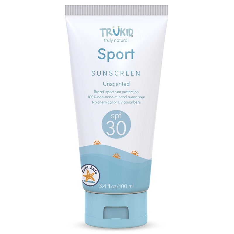 TruKid واقي شمس معدني رياضي SPF 30 - واقي شمس طبيعي للأطفال والرضع للوجه والجسم، حماية غير سامة من أكسيد الزنك للبشرة الحساسة، بدون رائحة، مؤهل لـ FSA، حجم السفر 3.4 أونصة - Image 1