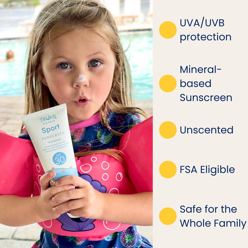 TruKid واقي شمس معدني رياضي SPF 30 - واقي شمس طبيعي للأطفال والرضع للوجه والجسم، حماية غير سامة من أكسيد الزنك للبشرة الحساسة، بدون رائحة، مؤهل لـ FSA، حجم السفر 3.4 أونصة - Image 2