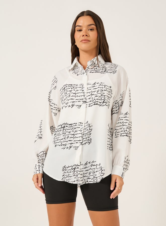 Styli Printed Spread Collar Oversized Shirt  - Image 3