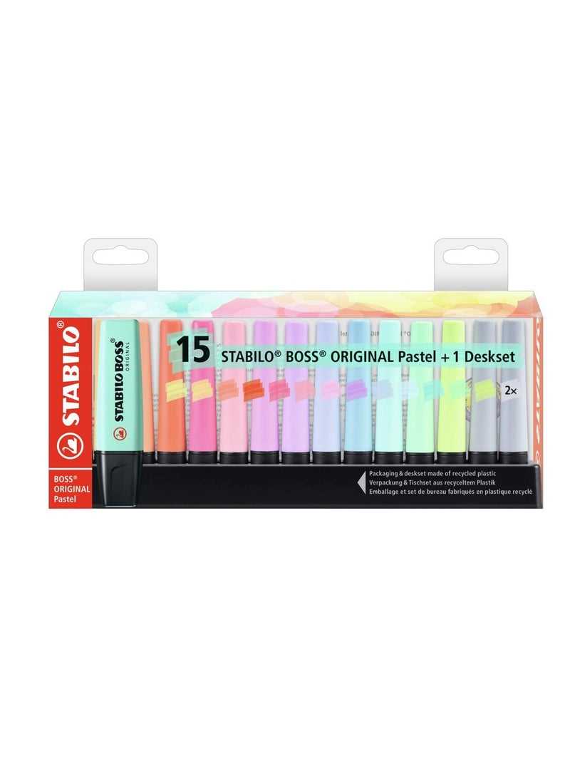 STABILO Highlighter - STABILO BOSS ORIGINAL Pastel - Desk Set of 15pcs - 14 Assorted colors (2X Dusty Grey)  - Image 1