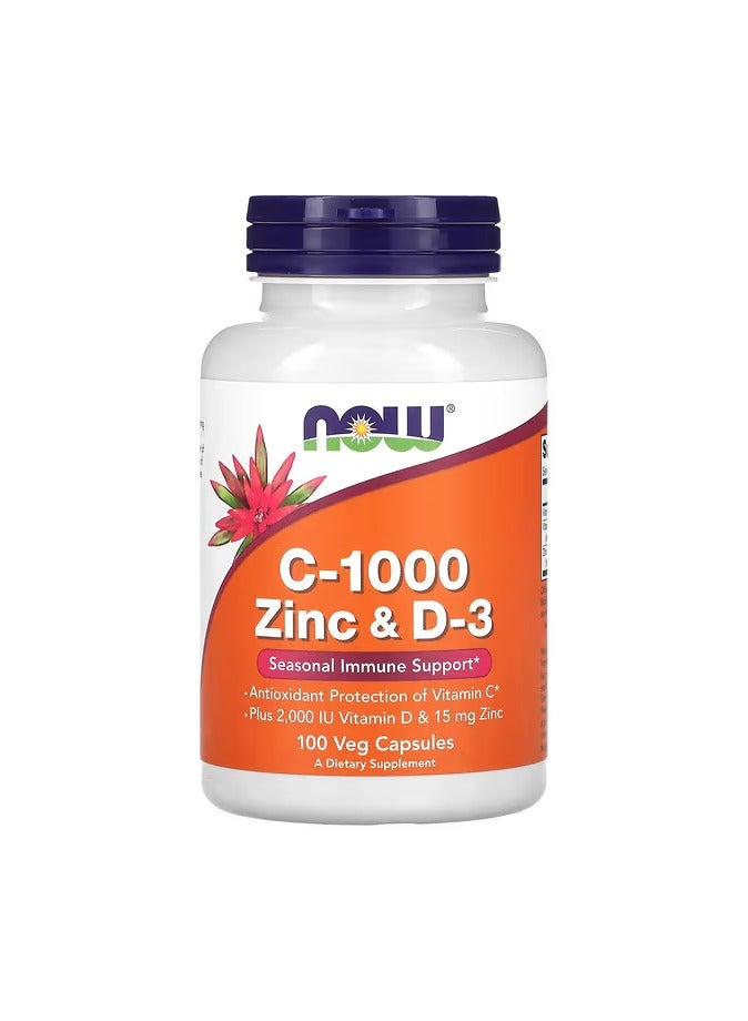 NOW C-1000 Zinc & D-3, 100 Veg Capsules, Supports Immune Health & Antioxidant Protection - Image 1