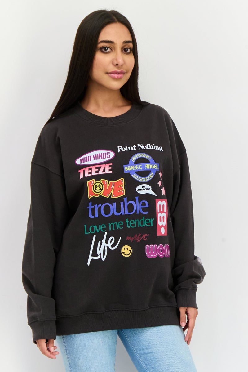 Misfit Women Crew Neck Long Sleeve Graphic Print Sweatshirts, Wash Black - Image 1