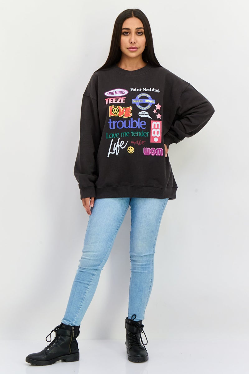 Misfit Women Crew Neck Long Sleeve Graphic Print Sweatshirts, Wash Black - Image 4
