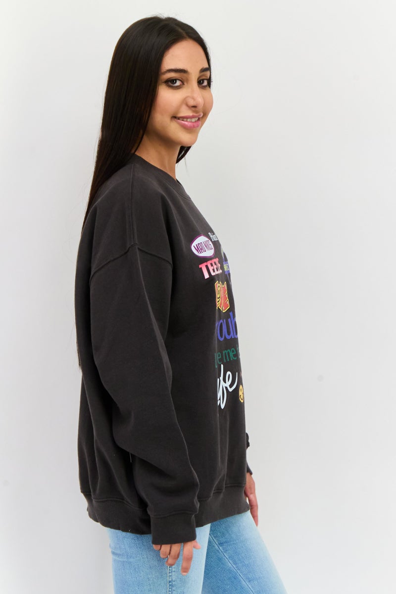 Misfit Women Crew Neck Long Sleeve Graphic Print Sweatshirts, Wash Black - Image 2