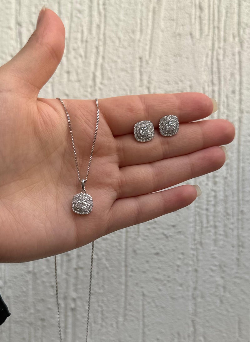 Al Kasr Jewelry Square Elegance Jewelry Set - Necklace and Earrings - Sterling Silver 925 with Zircon Stones Plated Rhodium White Gold 18K - Image 3