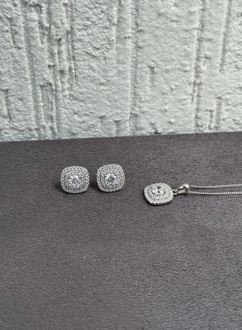 Al Kasr Jewelry Square Elegance Jewelry Set - Necklace and Earrings - Sterling Silver 925 with Zircon Stones Plated Rhodium White Gold 18K - Image 1