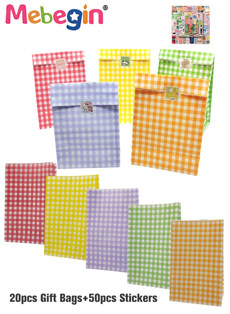 MEBEGIN 20 Pcs Kraft Gift Bags with 50 Sealing Stickers,5 Colors Plaid Pattern Birthday Gift Bags for Party,15*9*23cm Shopping Gift Bags for Wedding Holiday - Image 1