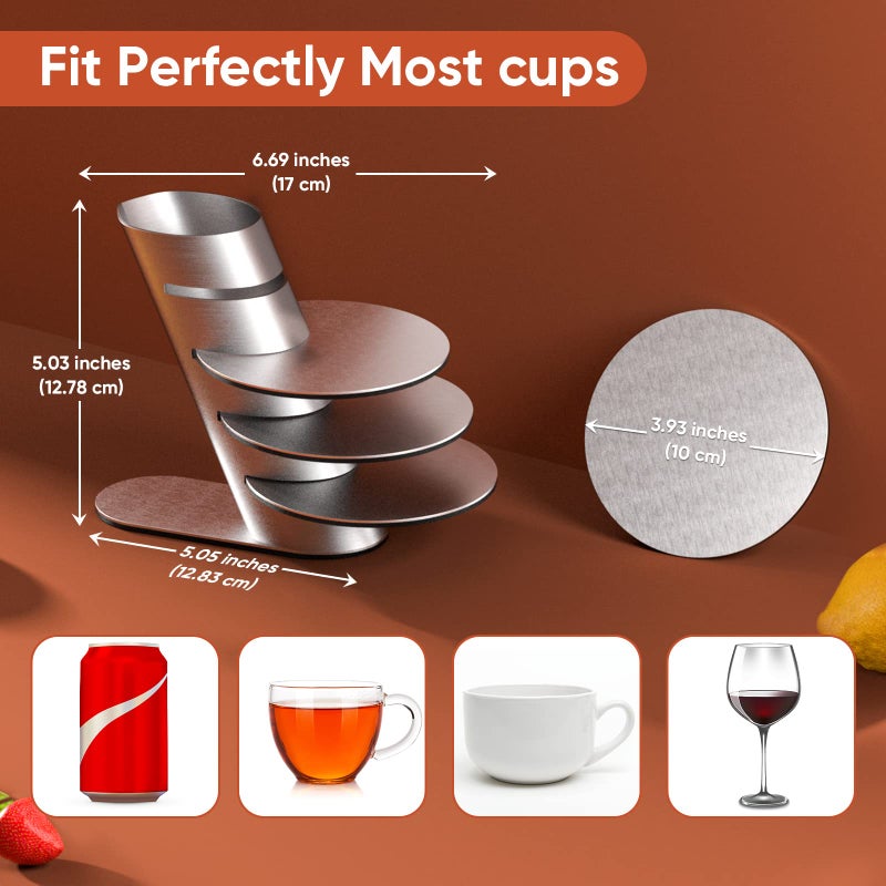 Newness حاملات أكواب، مجموعة حاملات أكواب Newness مع رف زخرفي، حامل أكواب دائري من الفولاذ المقاوم للصدأ، فضي، مجموعة من 4 - Image 5