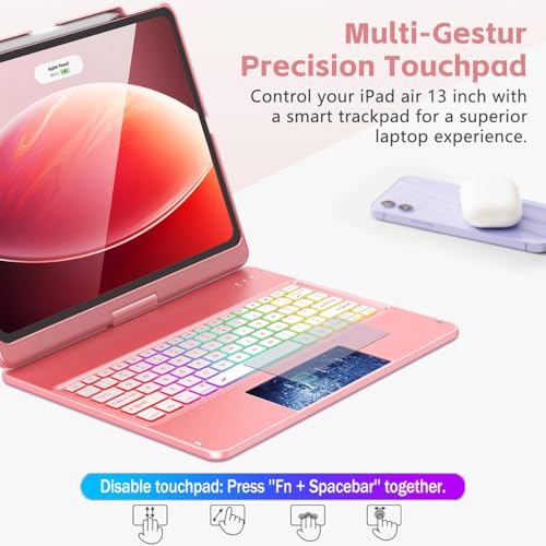 FUWANG Touch Keyboard Case for iPad Air 13 inch M4 2026/M3 2025/M2 2024 & iPad Pro 12.9 6th 5th 4th 3rd Gen, 360° Swivel Backlit for iPad Air 13 inch Case Keyboard with Multi-Touch Trackpad, Rose Gold - Image 4