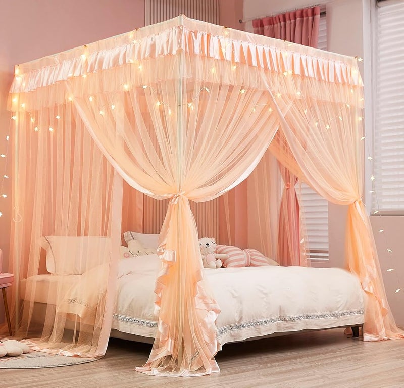 Mengersi Canopy Bed Curtains for Girls Kids - Bed Canopy for Girls Bed Drapes Mosquito Net - Cute Princess Bedroom Decoration Accessories(Full, Peach) - Image 1
