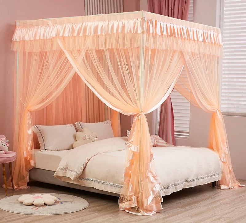 Mengersi Canopy Bed Curtains for Girls Kids - Bed Canopy for Girls Bed Drapes Mosquito Net - Cute Princess Bedroom Decoration Accessories(Full, Peach) - Image 3