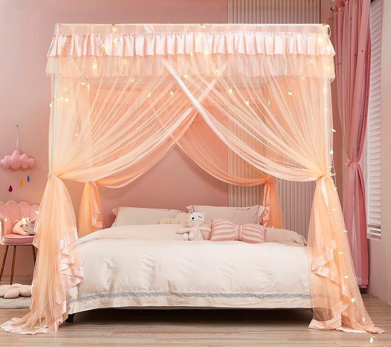 Mengersi Canopy Bed Curtains for Girls Kids - Bed Canopy for Girls Bed Drapes Mosquito Net - Cute Princess Bedroom Decoration Accessories(Full, Peach) - Image 4
