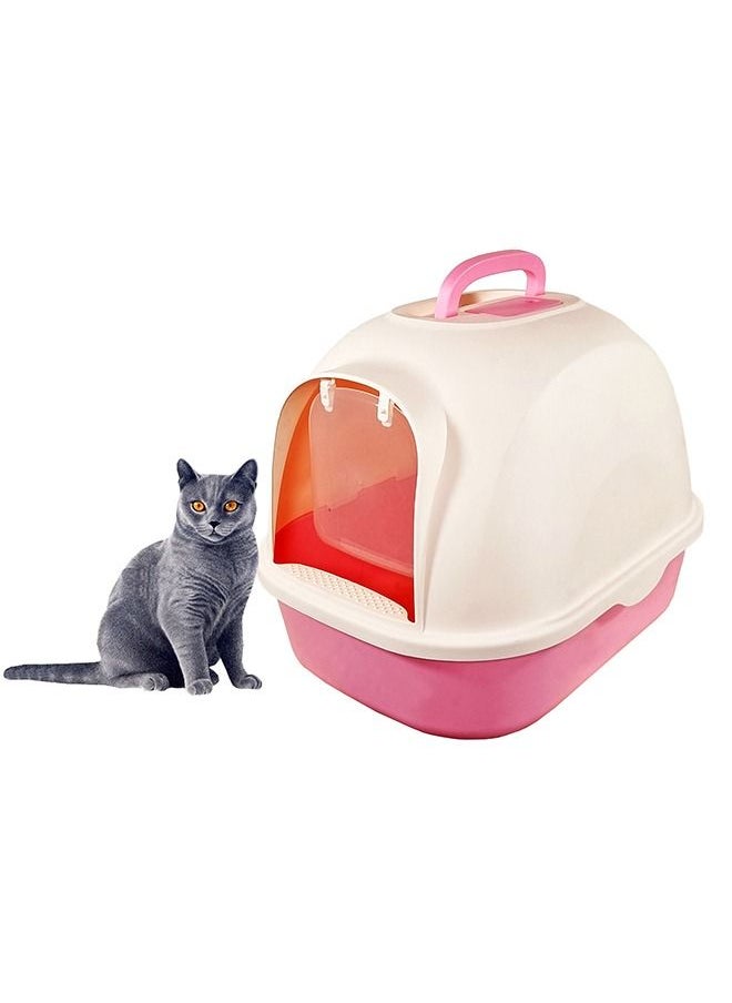 MAJIBAO Large Cat Toilet, Cat Litter Box with Plastic Scoop, Easy Clean, Fully Enclosed, No Smell, For Indoor & Outdoor, Jumbo Kitty Litter Box, Lid on Entrance, White & Pink Color, Large Size, 53 Cm Length  - Image 1