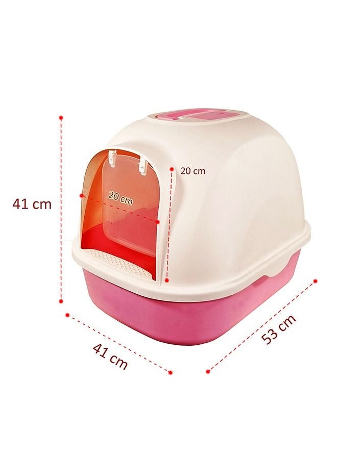 MAJIBAO Large Cat Toilet, Cat Litter Box with Plastic Scoop, Easy Clean, Fully Enclosed, No Smell, For Indoor & Outdoor, Jumbo Kitty Litter Box, Lid on Entrance, White & Pink Color, Large Size, 53 Cm Length  - Image 4