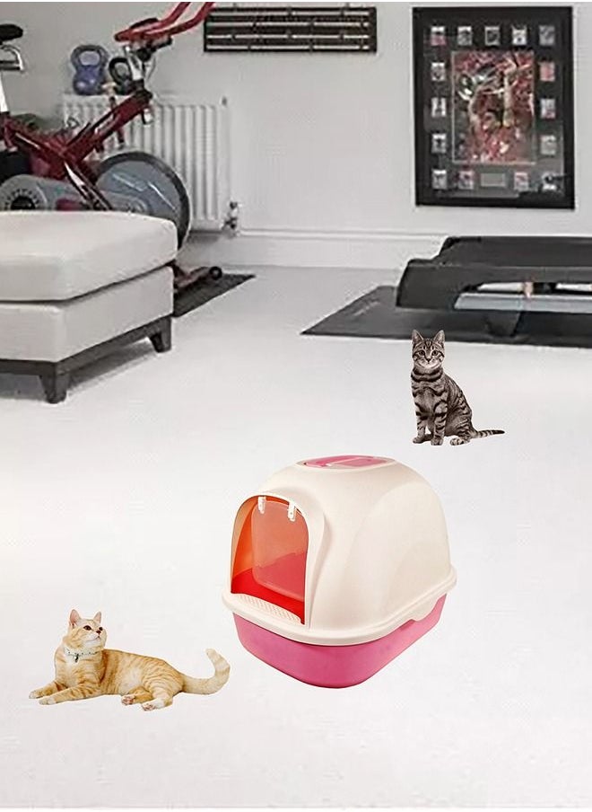 MAJIBAO Large Cat Toilet, Cat Litter Box with Plastic Scoop, Easy Clean, Fully Enclosed, No Smell, For Indoor & Outdoor, Jumbo Kitty Litter Box, Lid on Entrance, White & Pink Color, Large Size, 53 Cm Length  - Image 2