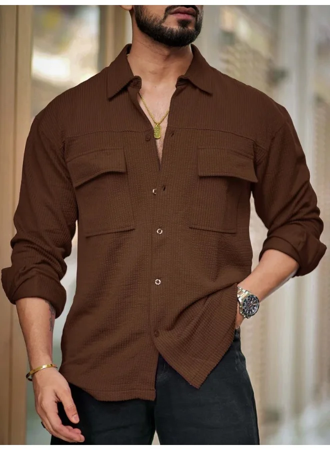 Maniac  Maniac Mens Solid 2 Pockets collared Neck Full Sleeve Brown Oversized Cotton Shirt for Men | Best Price UAE