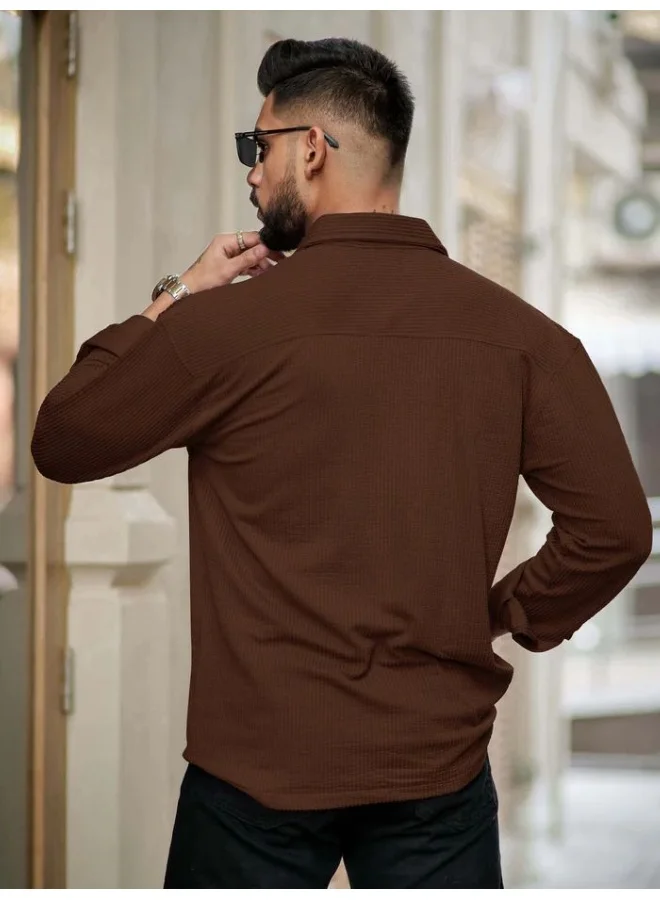 Maniac  Maniac Mens Solid 2 Pockets collared Neck Full Sleeve Brown Oversized Cotton Shirt for Men | Best Price UAE