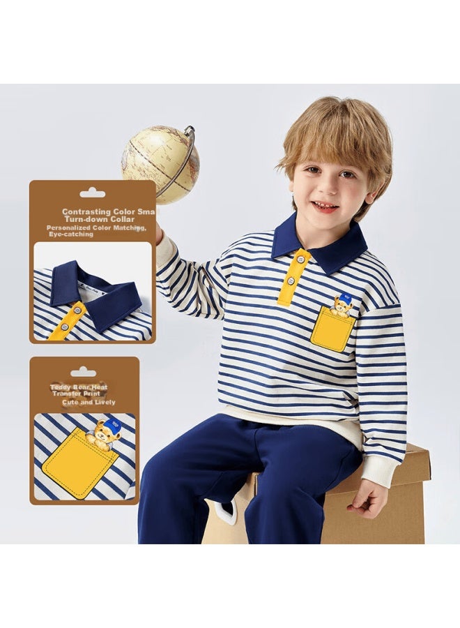 Classic Teddy Boys' Polo Shirt And Sweatpants Set, Dark Blue, Size 140, Spring Collection - Image 1