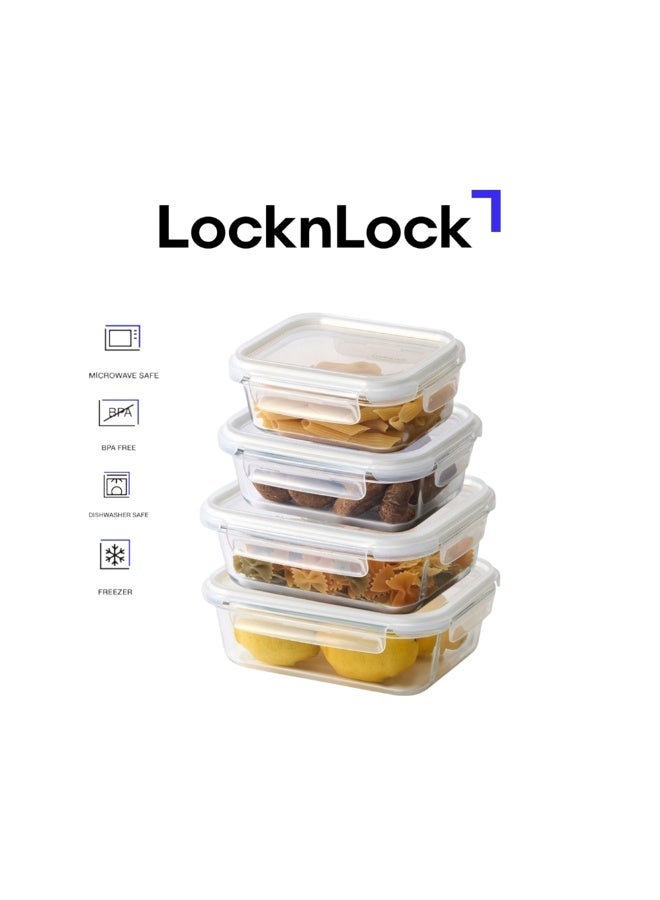 LocknLock Stackable Tempered Glass Food Container Set of 4, Rectangle (370ml–1500ml) | Airtight, Leakproof | Oven & Microwave Safe - Image 1
