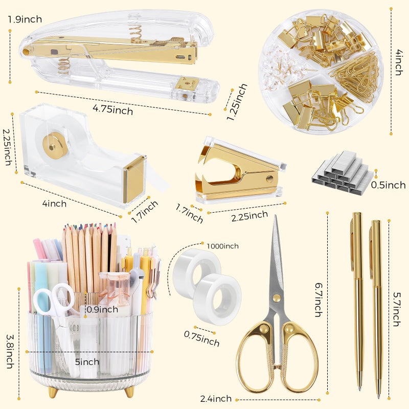 SKYDUE Gold Office Supplies Set, Pencil Holder for Desk,Gel Pen, Stapler, Tape Dispenser, Scissors,Clips and 1000pcs Staples, Office Decor for Women, Gold Desk Accessories - Image 5