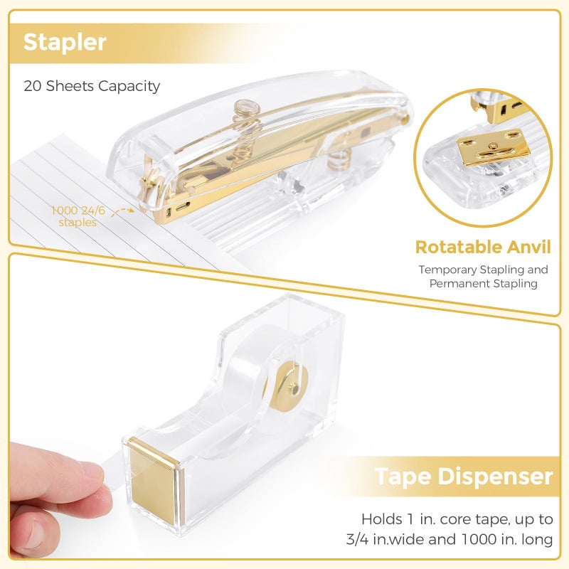 SKYDUE Gold Office Supplies Set, Pencil Holder for Desk,Gel Pen, Stapler, Tape Dispenser, Scissors,Clips and 1000pcs Staples, Office Decor for Women, Gold Desk Accessories - Image 4