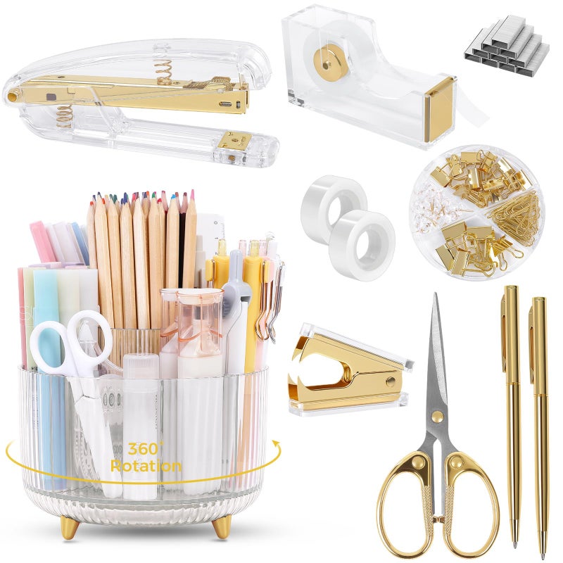 SKYDUE Gold Office Supplies Set, Pencil Holder for Desk,Gel Pen, Stapler, Tape Dispenser, Scissors,Clips and 1000pcs Staples, Office Decor for Women, Gold Desk Accessories - Image 1