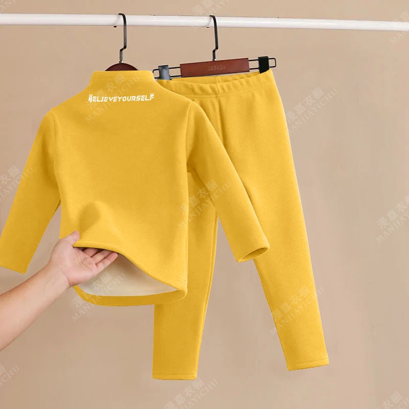 Childrens Thermal Underwear fleece-lined Thickened suit Middle and Big Children Boys Girls Warm Base Heating Autumn Clothes Autumn Pants Winter Yellow letters el [q3 set] 