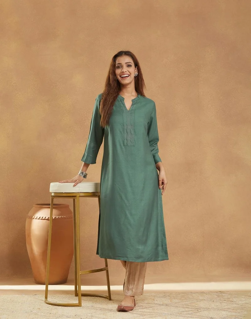 Fabindia Green Viscose Silk Long Kurta