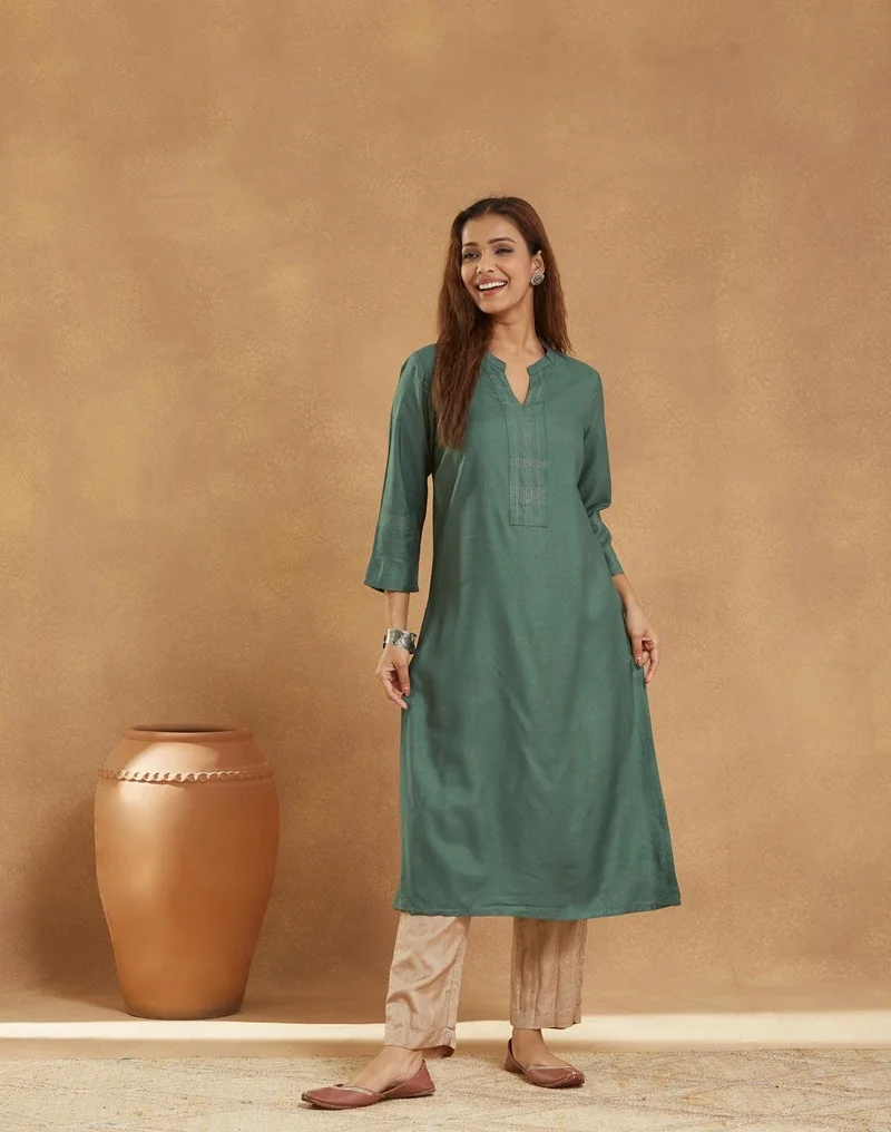 Fabindia Green Viscose Silk Long Kurta