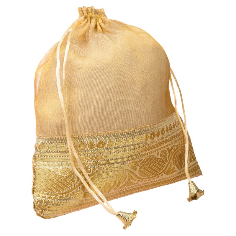 Kuber Industries Potli | Tissue Fabric with Banarasi Border | Wallet Potli | Traditional Indian Drawstring Bags for Wedding | Shagun | 7x9 Inch | Pack of 6 | Golden - Image 2