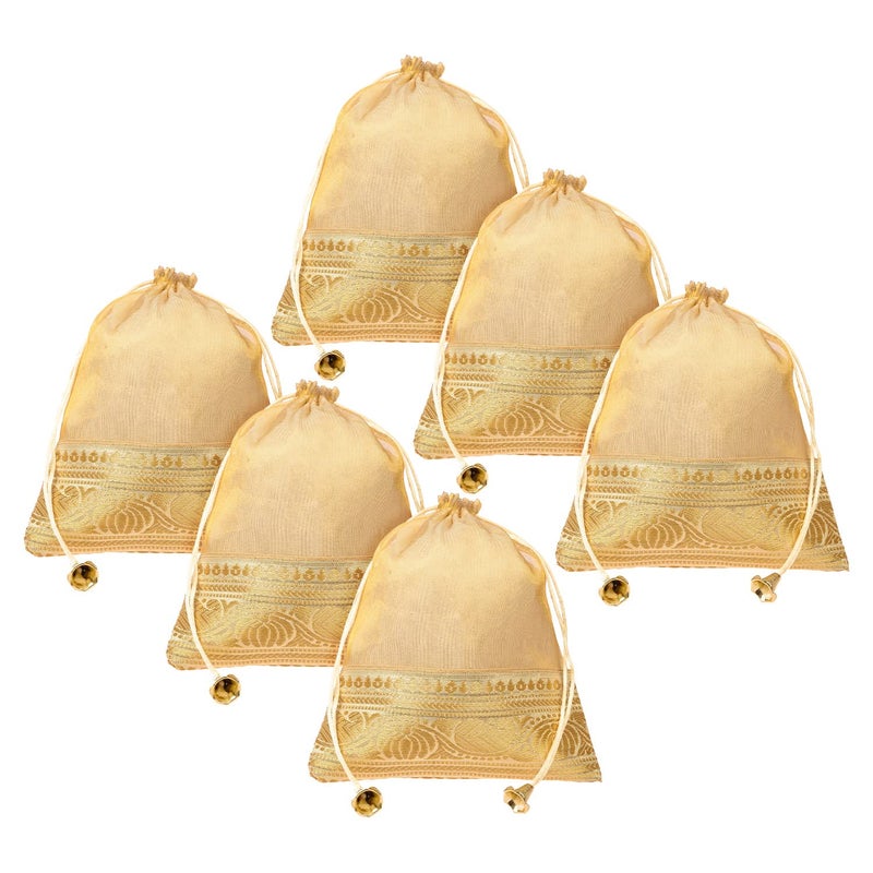 Kuber Industries Potli | Tissue Fabric with Banarasi Border | Wallet Potli | Traditional Indian Drawstring Bags for Wedding | Shagun | 7x9 Inch | Pack of 6 | Golden - Image 1