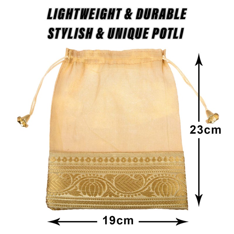 Kuber Industries Potli | Tissue Fabric with Banarasi Border | Wallet Potli | Traditional Indian Drawstring Bags for Wedding | Shagun | 7x9 Inch | Pack of 6 | Golden - Image 3