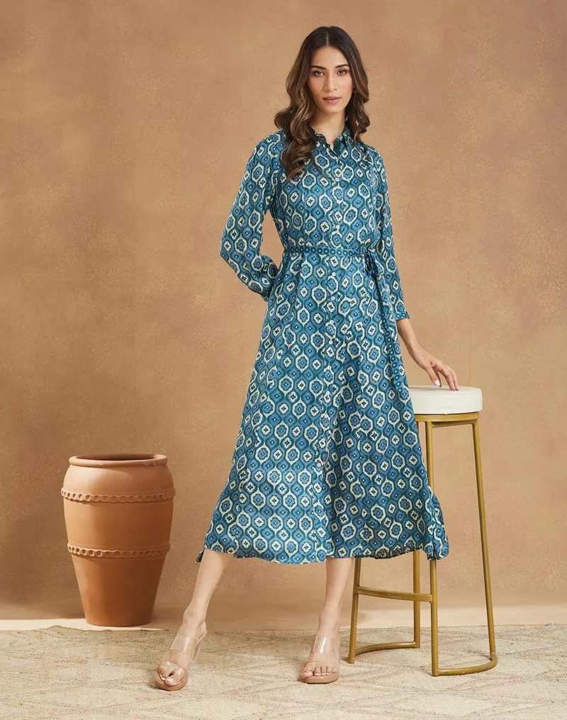 Fabindia Blue Viscose Blend Ajrakh Printed Maxi