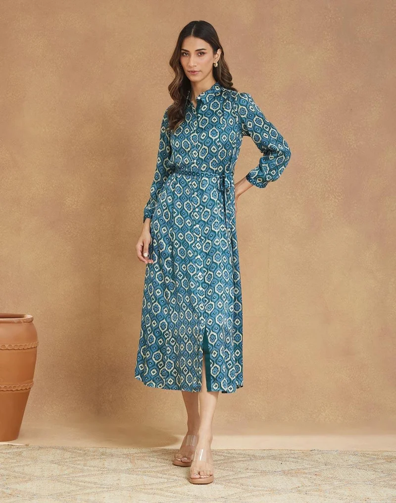 Fabindia Blue Viscose Blend Ajrakh Printed Maxi