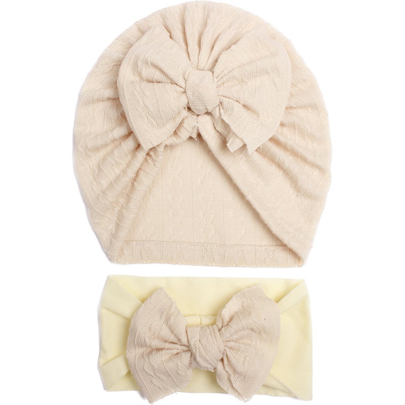 Generic European and American Summer New Baby Jacquard Hat Headband Set Bow Headband Combination Girls Cute Hat Beige
