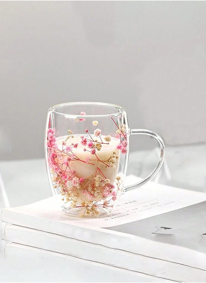 BestStore - Double Walled Glass Hot and Cold Coffee Mug with Handle and Dried Flower Heat-Isolated 250ml Capacity Tea Cup Summer Winter Drinkware Birthday Gifts for Wife and Mother - Image 1