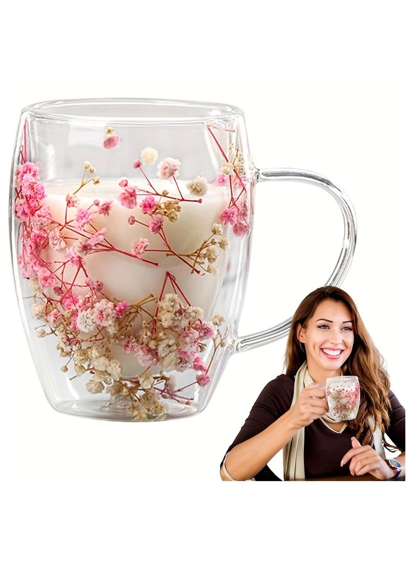 BestStore - Double Walled Glass Hot and Cold Coffee Mug with Handle and Dried Flower Heat-Isolated 250ml Capacity Tea Cup Summer Winter Drinkware Birthday Gifts for Wife and Mother - Image 1