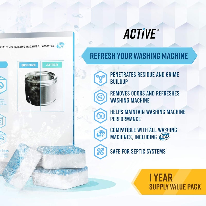 Active Washing Machine Cleaner Descaler 24 Pack - Deep Cleaning Tablets For HE Front Loader & Top Load Washer, Septic Safe Eco-Friendly Deodorizer, Clean Inside Drum and Laundry Tub Seal - 12 Month Supply - Image 2