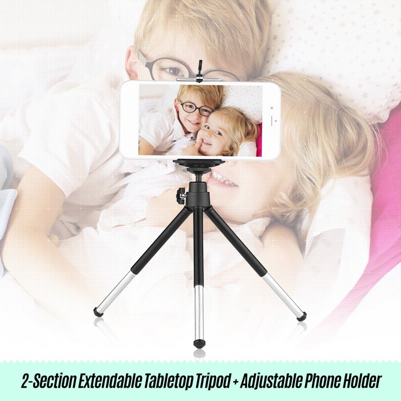 2-Section Extendable Aluminum Alloy Mini Tabletop Tripod + Adjustable Phone Holder with 1/4" Screw Mounts for 5.5-8.5cm Width Smartphones - Image 2