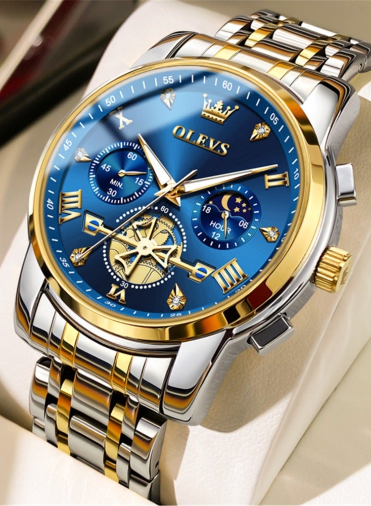 أوليفز ساعات OLEVS للرجال أنيقة من الفولاذ المقاوم للصدأ كوارتز كرونوغراف مقاومة للماء 42 مم 2856 ساعات كوارتز ذهبية زرقاء للأعمال - Image 2
