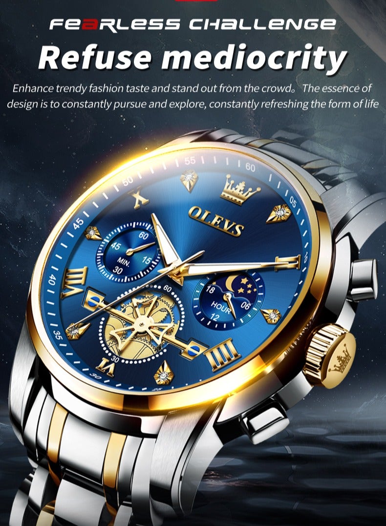 أوليفز ساعات OLEVS للرجال أنيقة من الفولاذ المقاوم للصدأ كوارتز كرونوغراف مقاومة للماء 42 مم 2856 ساعات كوارتز ذهبية زرقاء للأعمال - Image 3
