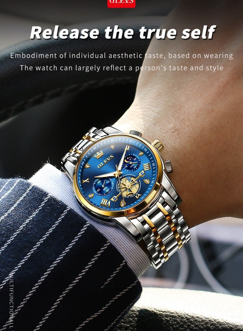 أوليفز ساعات OLEVS للرجال أنيقة من الفولاذ المقاوم للصدأ كوارتز كرونوغراف مقاومة للماء 42 مم 2856 ساعات كوارتز ذهبية زرقاء للأعمال - Image 4