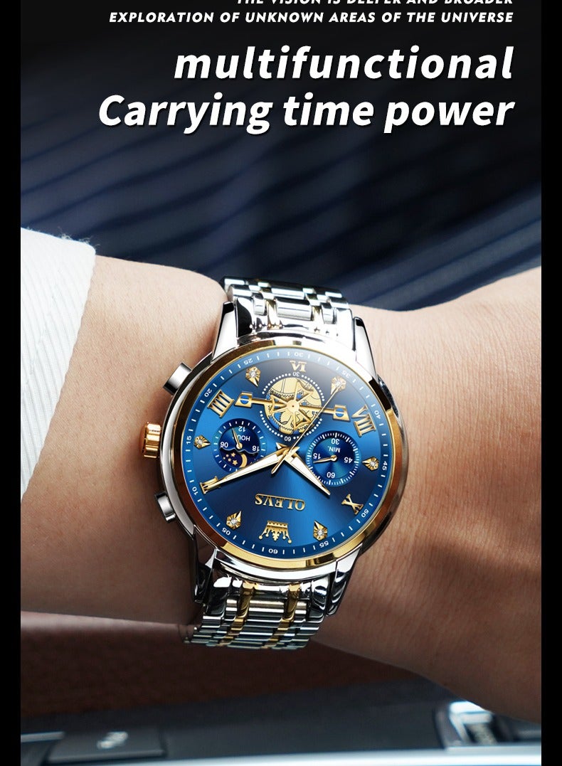 أوليفز ساعات OLEVS للرجال أنيقة من الفولاذ المقاوم للصدأ كوارتز كرونوغراف مقاومة للماء 42 مم 2856 ساعات كوارتز ذهبية زرقاء للأعمال - Image 5