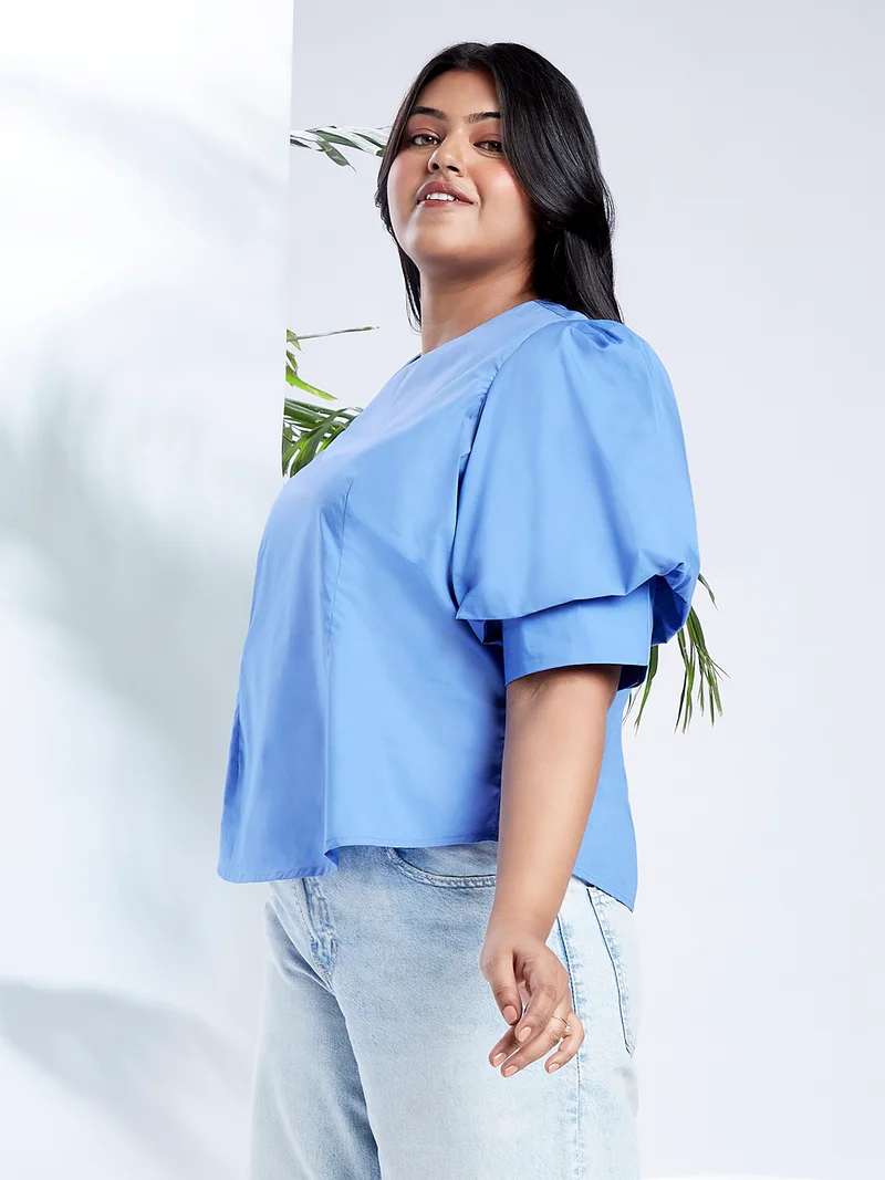 globus Gloplus Women Blue Puff Sleeves Round Neck Back Button Plus Size Shirt Style Workwear Top