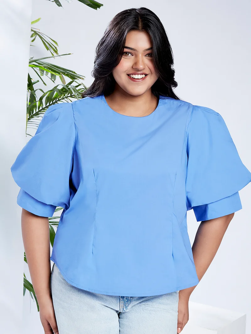 globus Gloplus Women Blue Puff Sleeves Round Neck Back Button Plus Size Shirt Style Workwear Top