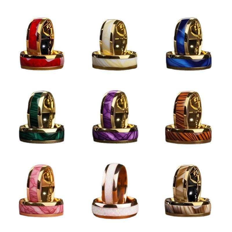 8mm Stainless Steel Ring with Floral Design - Gold Base, Multi-Color Options for Men & Women - Image 5